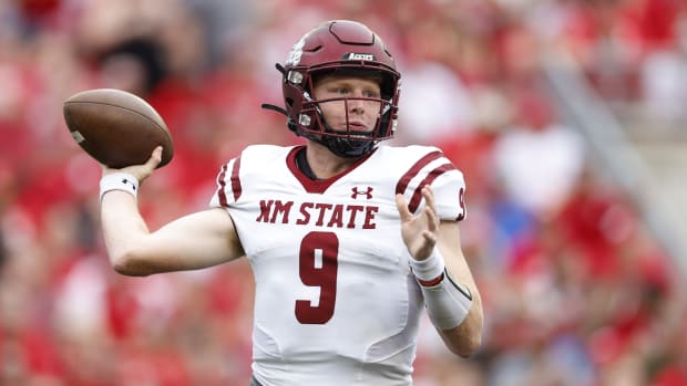 New Mexico State Aggies quarterback Gavin Frakes (9) during the game against the Wisconsin Badgers at Camp Randall Stadium. 